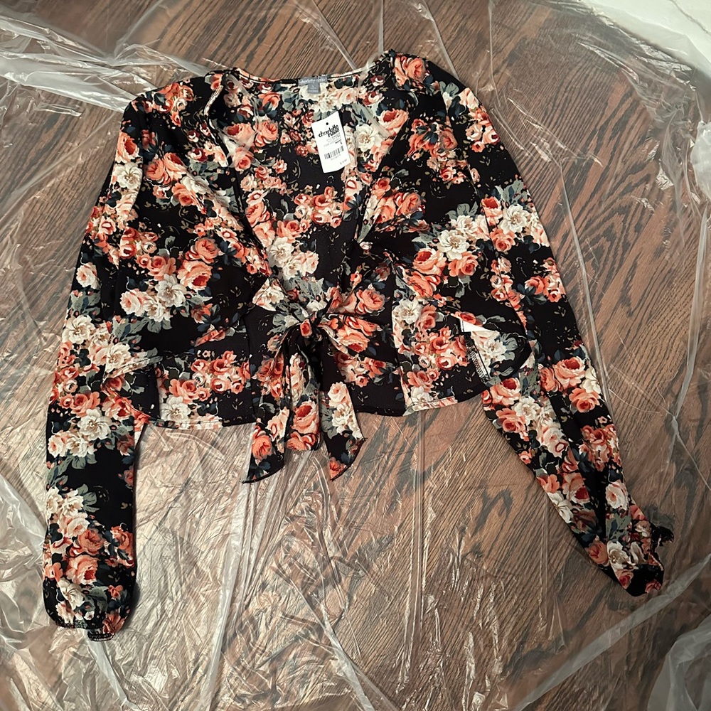Charlotte Russe Long Sleeve Tie Front Crop Blouse